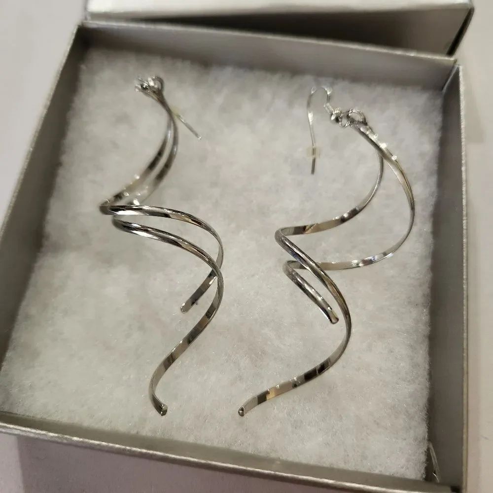 Unbranded Elegant Silver Spiral Dangle Earrings 3in Length NWOT